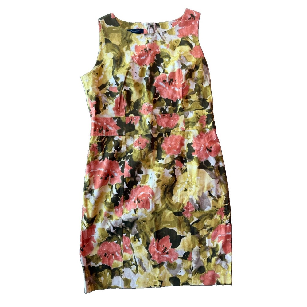 Anne Klein Stretch Dress Women's 16 Coral Green Floral Sheath Career Cocktail